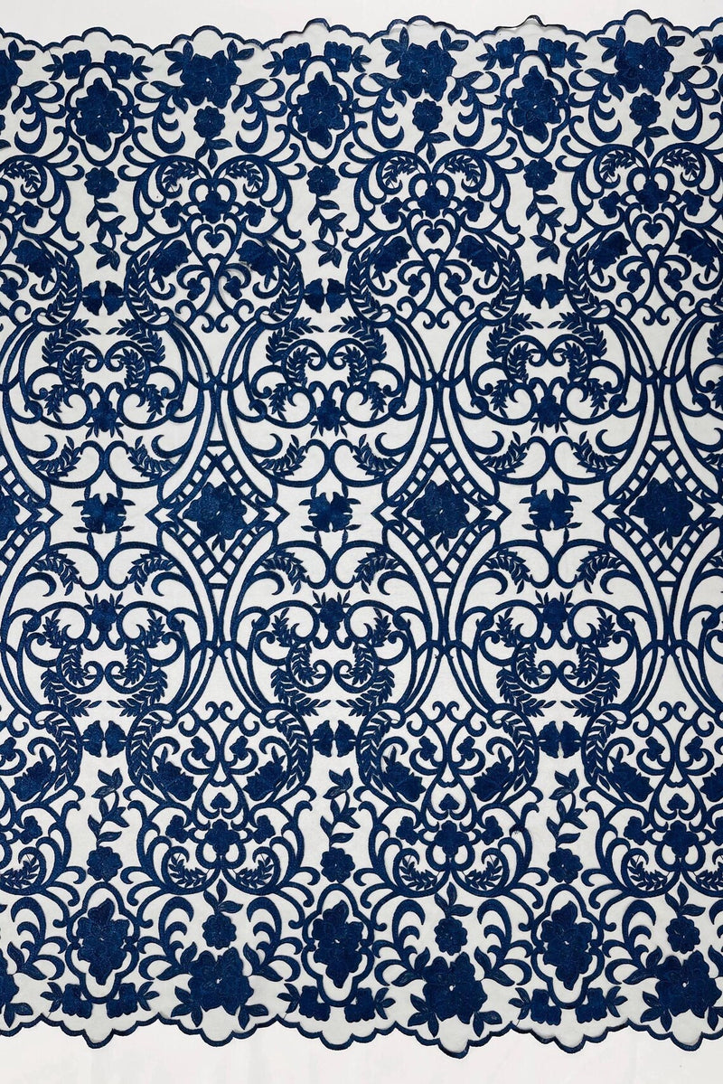 Damask Fancy Design - Navy Blue - Embroidered  Mesh Damask Design Lace Fabric Sold by Yard