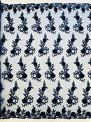 3D Floral Cluster with Border Lace - Navy Blue - Flower with Leaves Design 3D Fabrics Sold By Yard