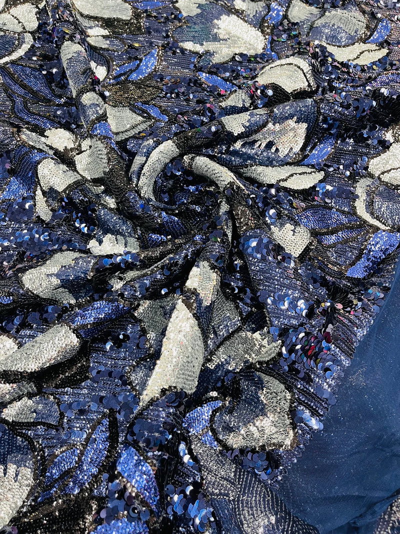 Orchid Flower Sequins Design - Navy Blue - Embroidered 4 Way Stretch Full Of Sequins Fabric Sold By Yard