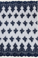 Floral Damask Corded Fabric - Navy Blue - Embroidered Floral Design with Damask Border By Yard