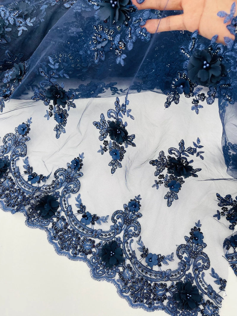 3D Floral Sequins Design - Navy Blue - Embroidered Floral Lace Fabric With Sequins / Pearls By Yard