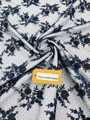 Floral Cluster Corded Fabric - Navy Blue - Fancy Flower Embroidery Lace Mesh Fabric By Yard