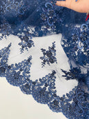 Floral Damask Bead Fabric - Navy Blue - Embroidered Floral Clusters with Beads / Sequins by Yard