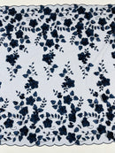 Floral 3D Pearl Fabric - Navy Blue - Embroidered Double Border Flower Design Pearl Fabric By Yard