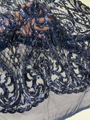 Heart Shape Sequins Fabric - Navy Blue - 4 Way Stretch Sequins Damask Fabric By Yard