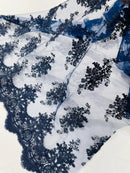 Damask Flower Lace Fabric - Navy Blue - Damask Flowers Embroidered on Lace Fabric By Yard