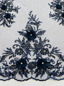 3D Rhinestone Flower Fabric - Navy Blue - 3D Flower Beaded Clusters with Sequins and Rhinestones By Yard