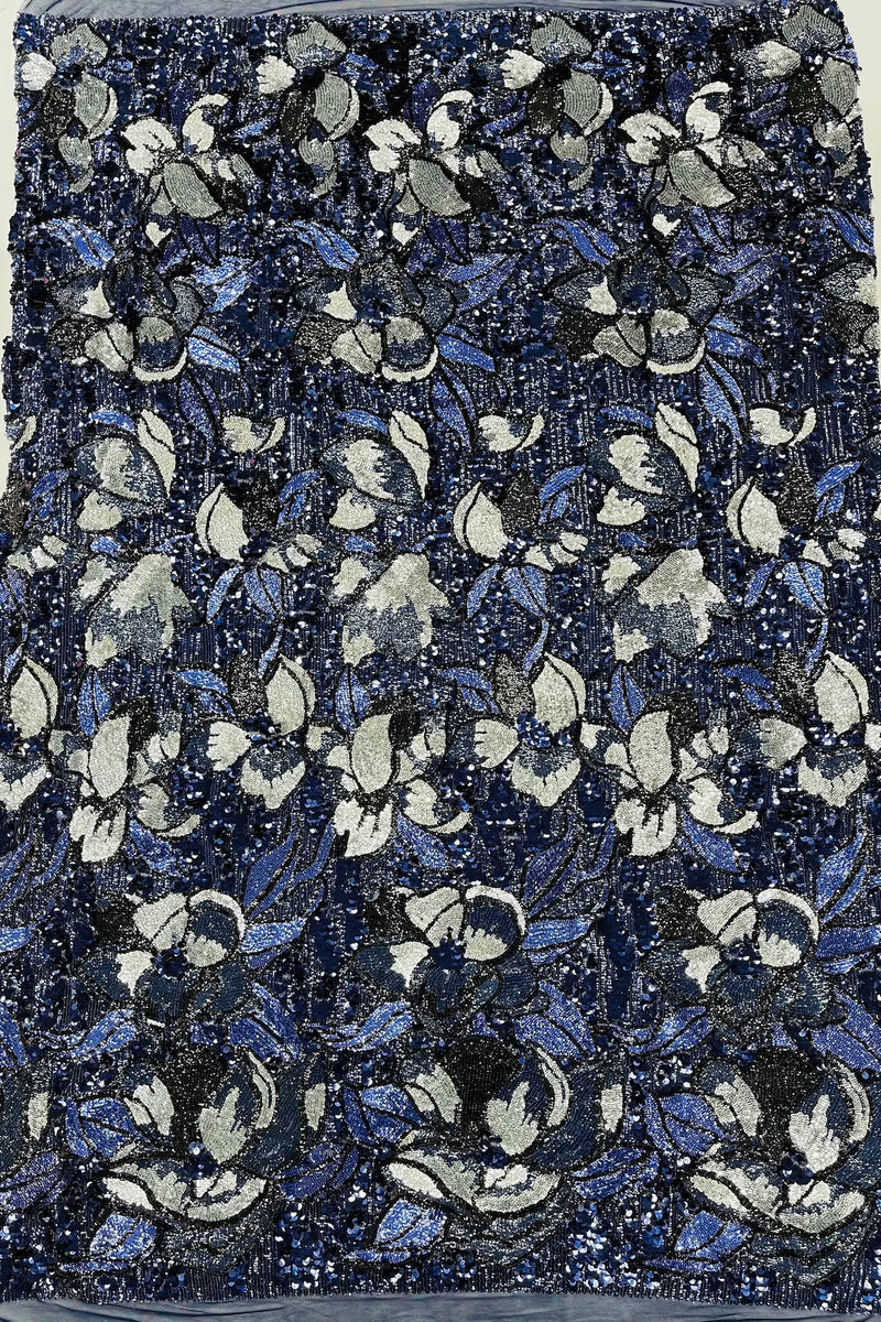 Orchid Flower Sequins Design - Navy Blue - Embroidered 4 Way Stretch Full Of Sequins Fabric Sold By Yard