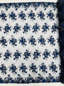 3D Flower Pearl Design - Navy Blue - Embroidered Sequins Floral Clusters Lace Fabric By Yard