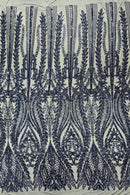 Mermaid Design Fabric - Navy Blue - 4 Way Stretch Sequins Fabric on Lace Mesh Sold By Yard