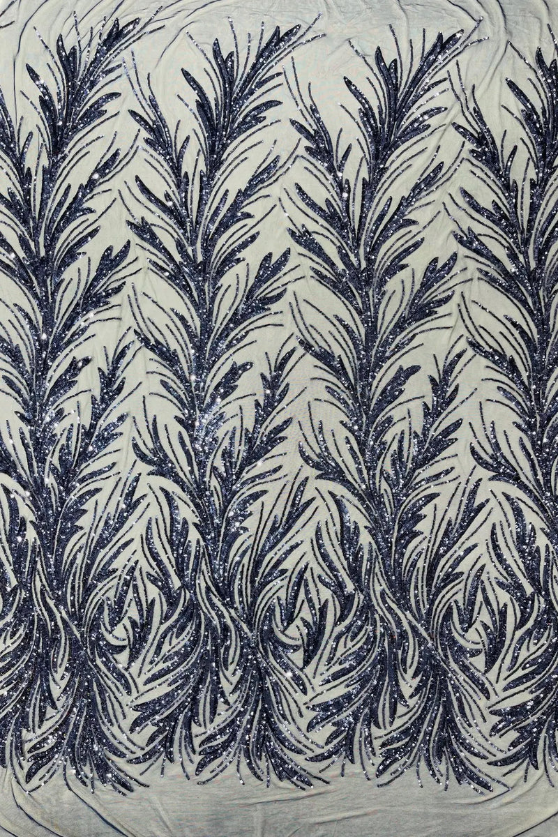 Leaf Stretch Sequins Fabric - Navy Blue - 4 Way Stretch Sequins on Lace Mesh Fabric by Yard