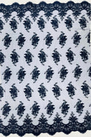 Damask Flower Lace Fabric - Navy Blue - Damask Flowers Embroidered on Lace Fabric By Yard