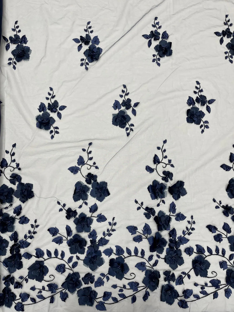 3D Orquidia Floral Lace - Navy Blue - Beautiful Orchid Flower Fabric on Mesh by Yard