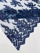Braid Leaf Designs Lace Fabric - Navy Blue - Embroidered Floral Leaf Pattern on Lace Mesh Fabric By Yard