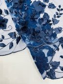 Floral 3D Pearl Fabric - Navy Blue - Embroidered Double Border Flower Design Pearl Fabric By Yard