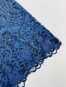 Damask Fancy Design - Navy Blue - Embroidered  Mesh Damask Design Lace Fabric Sold by Yard