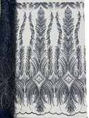 Beaded Line Fabric - Navy Blue - Luxury Bridal Line Pattern Fabric With Beads, Sequins Sold By Yard