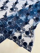 3D Floral Cluster with Border Lace - Navy Blue - Flower with Leaves Design 3D Fabrics Sold By Yard