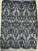 Heart Shape Sequins Fabric - Navy Blue - 4 Way Stretch Sequins Damask Fabric By Yard