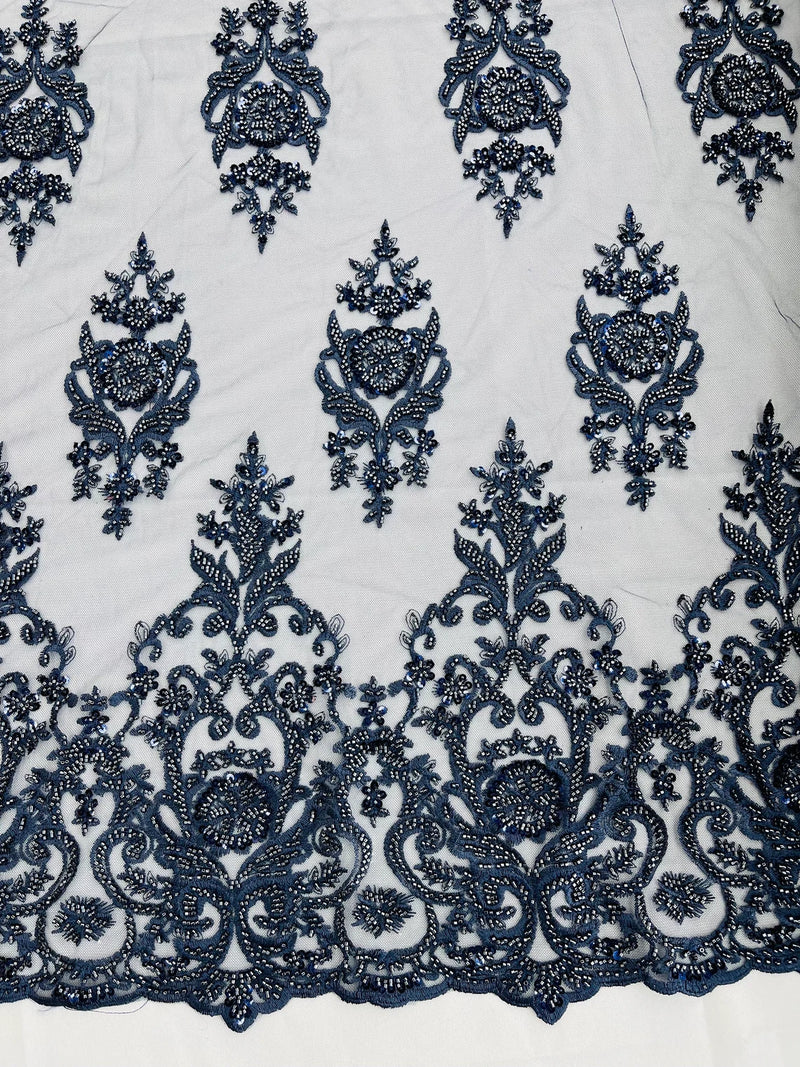 Embroidered Bead Fabric - Navy Blue - Floral Damask Bead Bridal Lace Fabric by the yard
