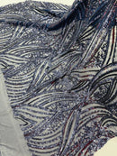 Curvy Design Sequins Fabric - Navy Blue - 4 Way Stretch Curvy Sequins Design Mesh Fabric by Yard
