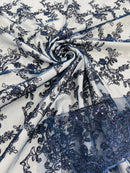 Sequin Lace Floral Fabric - Navy Blue - Flower Embroidered Sequins Lace Fabric Sold By Yard