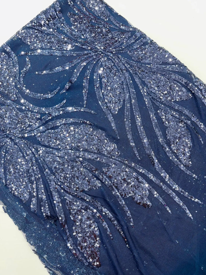 Wavy Leaf Design Fabric - Navy Blue - 4 Way Stretch Sequins Lace Mesh Leaf Design Fabric by Yard