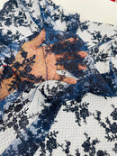 Floral Cluster Corded Fabric - Navy Blue - Fancy Flower Embroidery Lace Mesh Fabric By Yard