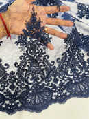 Floral Damask Corded Fabric - Navy Blue - Embroidered Floral Design with Damask Border By Yard