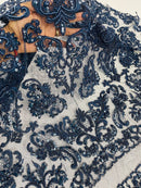 My Lady Beaded Fabric - Navy Blue - Damask Beaded Sequins Embroidered Fabric By Yard