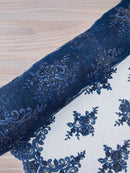 Floral Damask Bead Fabric - Navy Blue - Embroidered Floral Clusters with Beads / Sequins by Yard