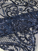 Heart Shape Sequins Fabric - Navy Blue - 4 Way Stretch Sequins Damask Fabric By Yard