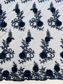 3D Floral Cluster with Border Lace - Navy Blue - Flower with Leaves Design 3D Fabrics Sold By Yard