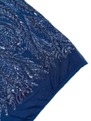 Mermaid Design Fabric - Navy Blue - 4 Way Stretch Sequins Fabric on Lace Mesh Sold By Yard