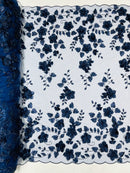 Floral 3D Pearl Fabric - Navy Blue - Embroidered Double Border Flower Design Pearl Fabric By Yard