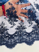Damask Flower Lace Fabric - Navy Blue - Damask Flowers Embroidered on Lace Fabric By Yard