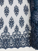 Embroidered Bead Fabric - Navy Blue - Floral Damask Bead Bridal Lace Fabric by the yard