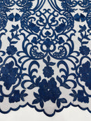 Damask Fancy Design - Navy Blue - Embroidered  Mesh Damask Design Lace Fabric Sold by Yard
