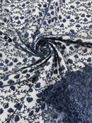 Small Glitter Flower Fabric - Navy Blue - Shimmer Glitter Flower Design on Mesh Lace By The Yard