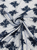 Floral Damask Corded Fabric - Navy Blue - Embroidered Floral Design with Damask Border By Yard