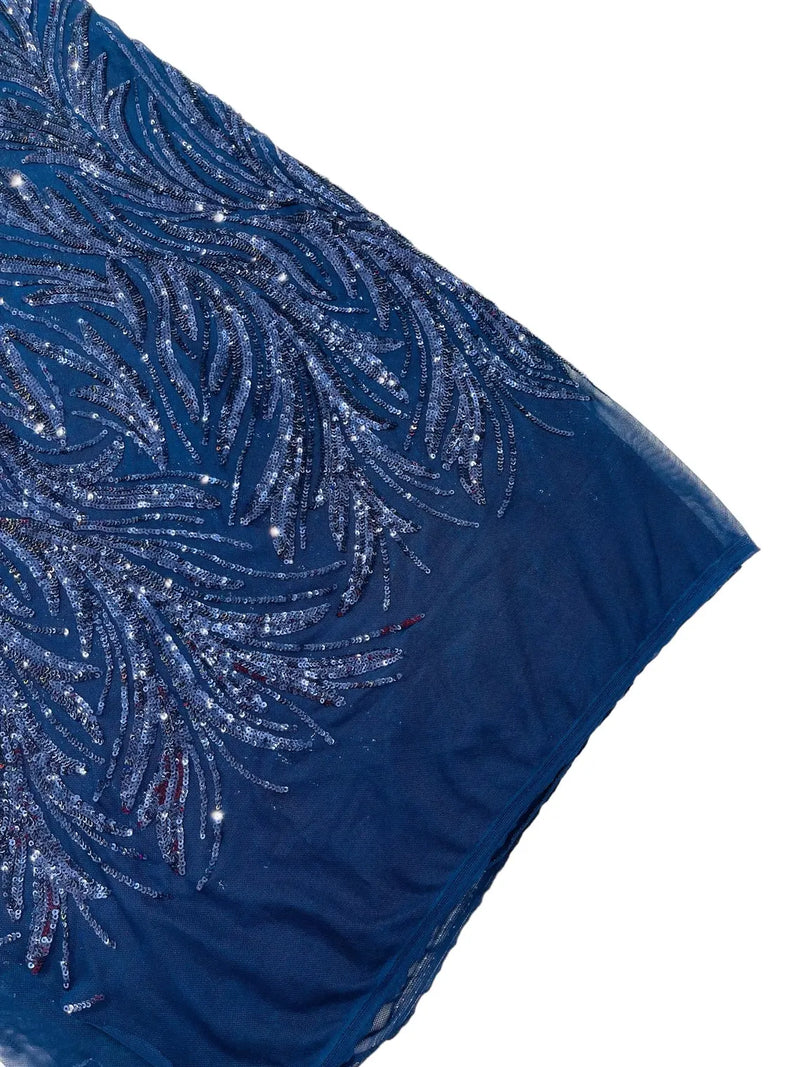 Leaf Stretch Sequins Fabric - Navy Blue - 4 Way Stretch Sequins on Lace Mesh Fabric by Yard