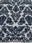 My Lady Beaded Fabric - Navy Blue - Damask Beaded Sequins Embroidered Fabric By Yard