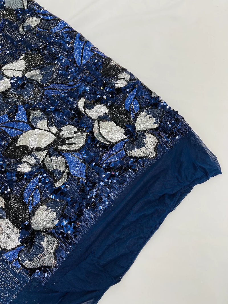 Orchid Flower Sequins Design - Navy Blue - Embroidered 4 Way Stretch Full Of Sequins Fabric Sold By Yard
