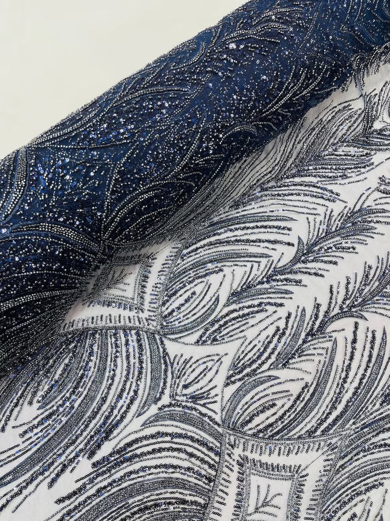 Beaded Line Fabric - Navy Blue - Luxury Bridal Line Pattern Fabric With Beads, Sequins Sold By Yard
