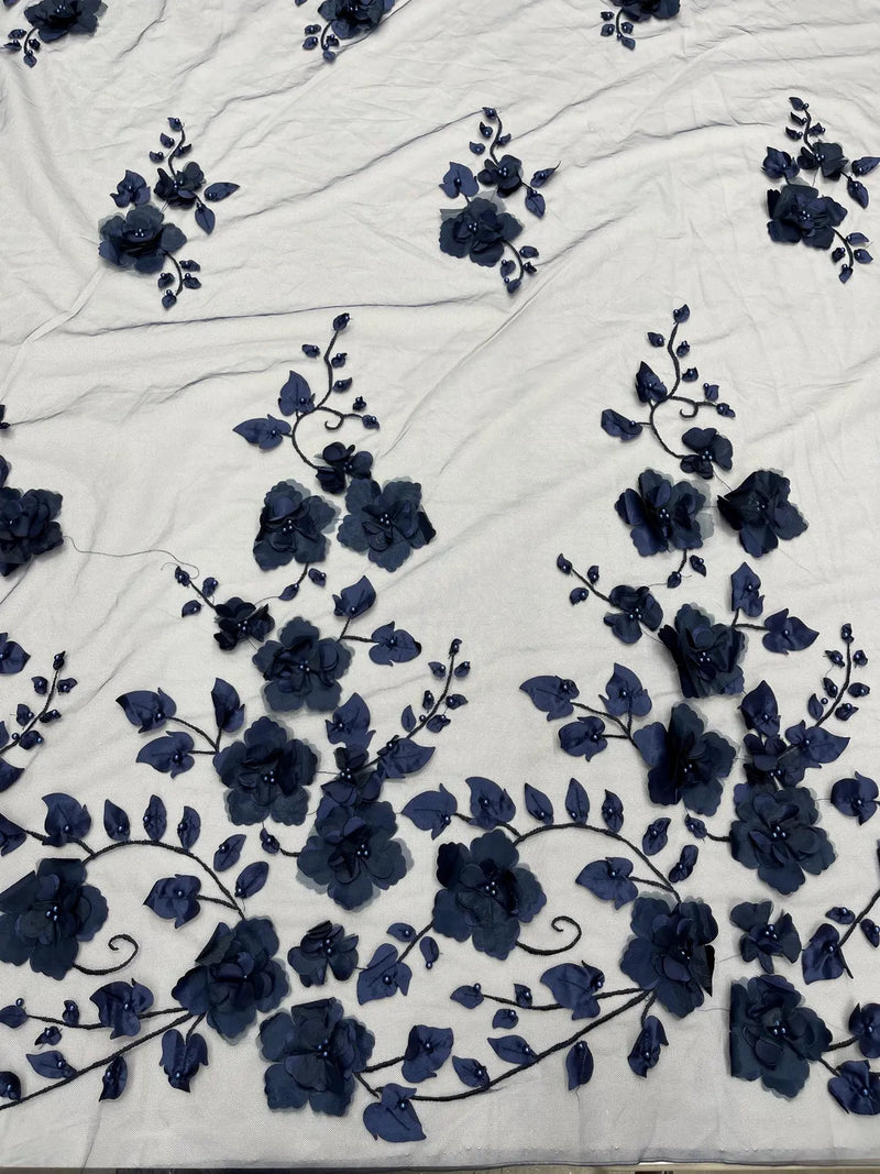 3D Orquidia Floral Lace - Navy Blue - Beautiful Orchid Flower Fabric on Mesh by Yard