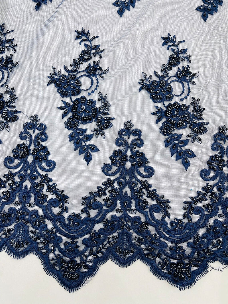 Floral Cluster Beaded Fabric - Navy Blue - Embroidered Flower Beaded Fabric Sold By Yard