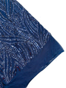 Curvy Design Sequins Fabric - Navy Blue - 4 Way Stretch Curvy Sequins Design Mesh Fabric by Yard