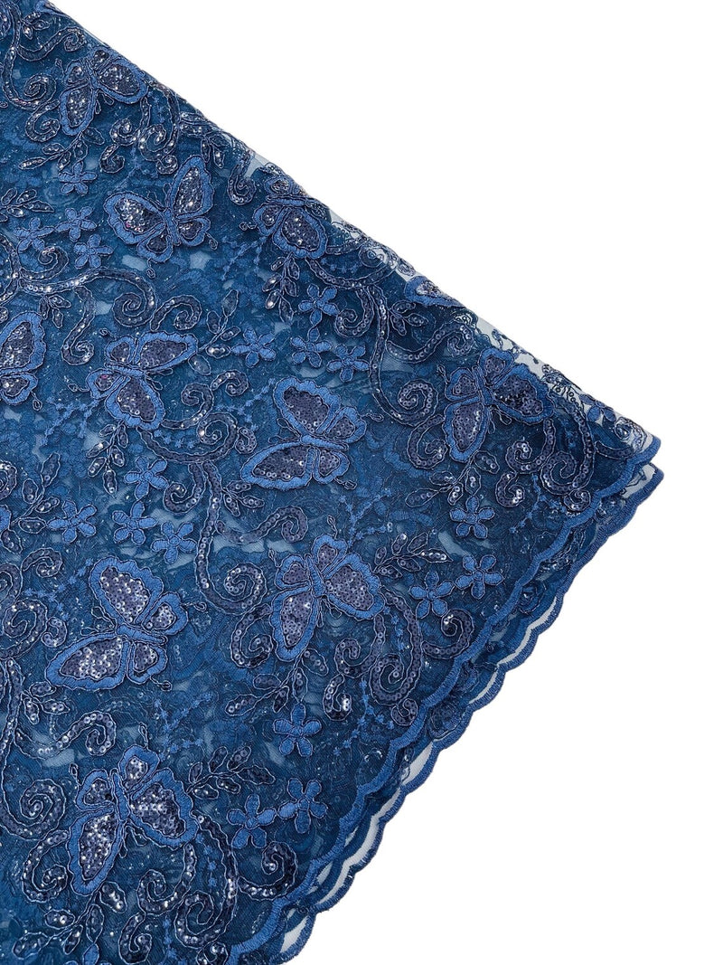 Butterfly Floral Lace Fabric - Navy Blue - Butterfly Flower Metallic Design on Lace Fabric By Yard