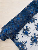3D Flower Pearl Design - Navy Blue - Embroidered Sequins Floral Clusters Lace Fabric By Yard