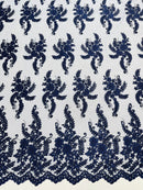 Braid Leaf Designs Lace Fabric - Navy Blue - Embroidered Floral Leaf Pattern on Lace Mesh Fabric By Yard